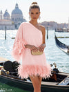 Jersey A-Line One Shoulder Formal Dresses with Natural Feather Fringe Hem
