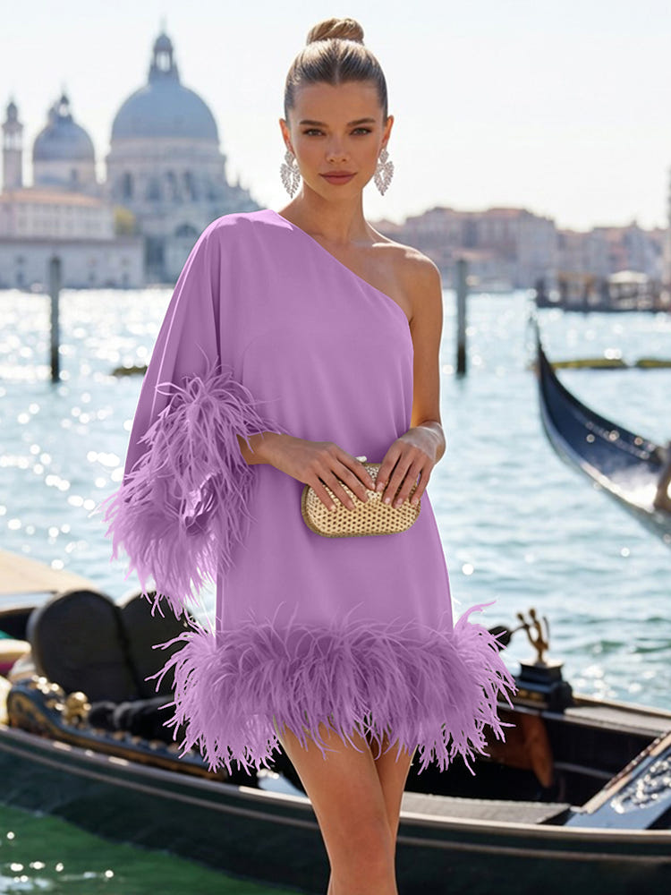 Jersey A-Line One Shoulder Formal Dresses with Natural Feather Fringe Hem