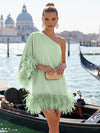 Jersey A-Line One Shoulder Formal Dresses with Natural Feather Fringe Hem