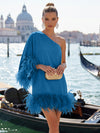 Jersey A-Line One Shoulder Formal Dresses with Natural Feather Fringe Hem