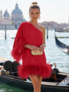 Jersey A-Line One Shoulder Formal Dresses with Natural Feather Fringe Hem