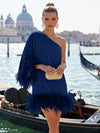 Jersey A-Line One Shoulder Formal Dresses with Natural Feather Fringe Hem