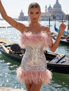 Sequin Bodycon Strapless Formal Dresses with Feathers