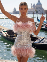 Sequin Bodycon Strapless Formal Dresses with Feathers