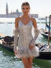 Sequin Sheath V Neck Formal Dresses with Feathers