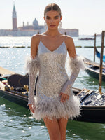 Sequin Sheath V Neck Formal Dresses with Feathers