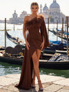 Satin Bodycon One Shoulder Formal Dresses with Feather Trim Draped Wrap High Slit
