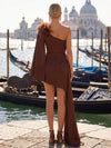Satin Bodycon One Shoulder Formal Dresses with Feather Trim Draped Wrap High Slit