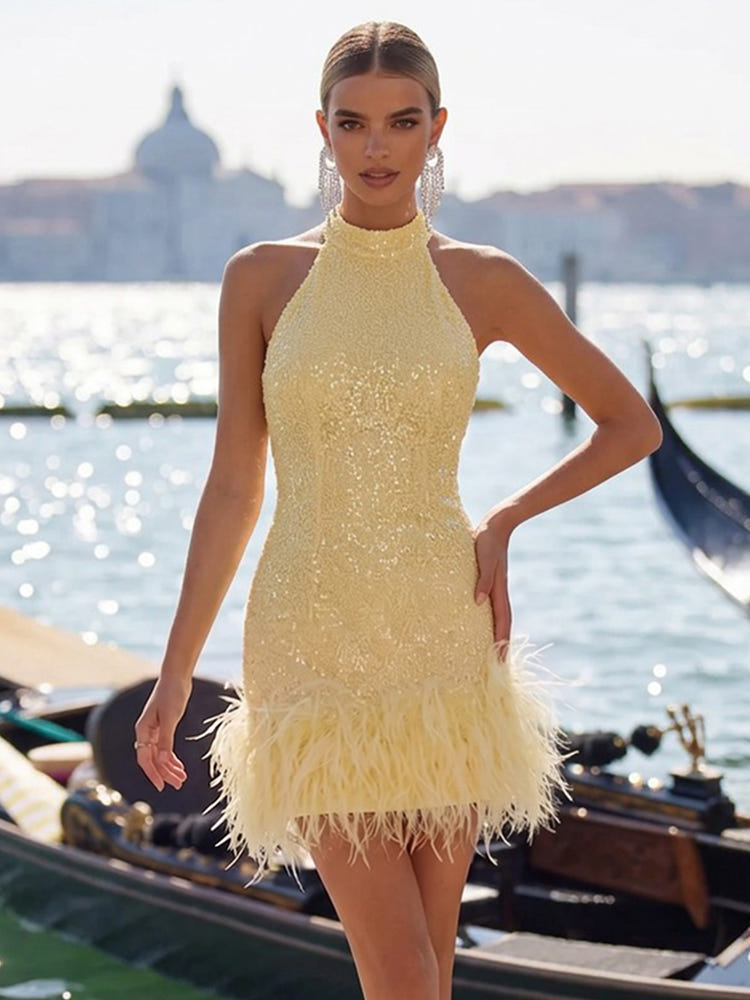 Sequin Bodycon Halter Formal Dresses with Feathers