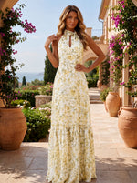 Chiffon A-Line Halter Floral Print Formal Dresses with Bow