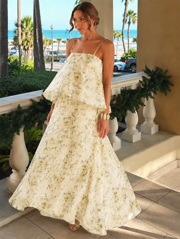 Chiffon A-Line Spaghetti Straps Floral Print Formal Dresses