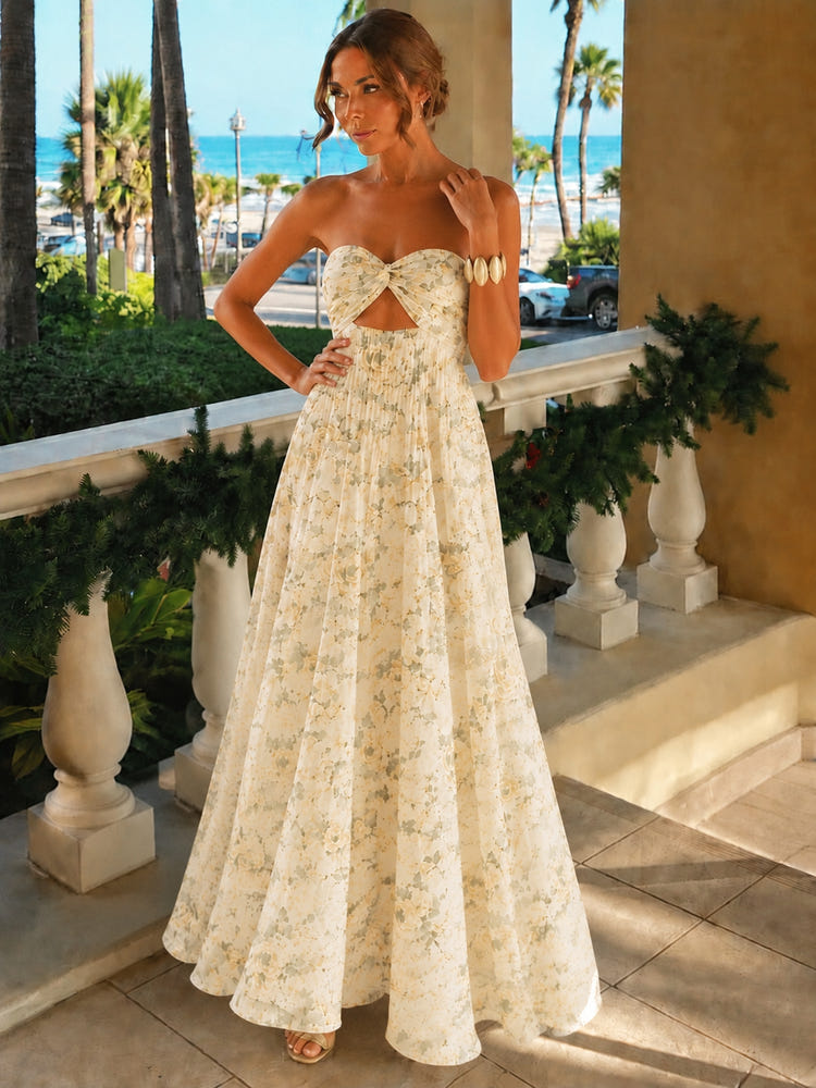 Chiffon A-Line Strapless Floral Print Formal Dresses