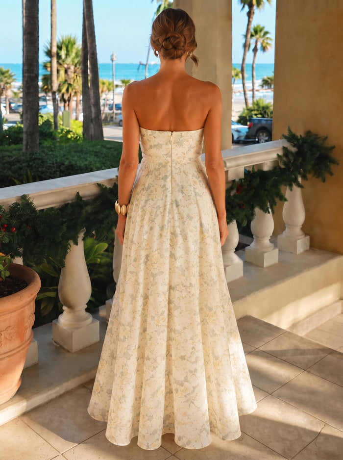 Chiffon A-Line Strapless Floral Print Formal Dresses