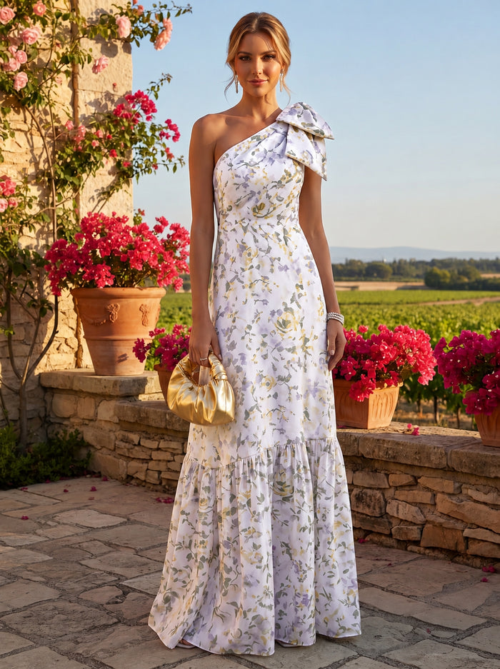 Chiffon A-Line One Shoulder Floral Print Formal Dresses with Bow