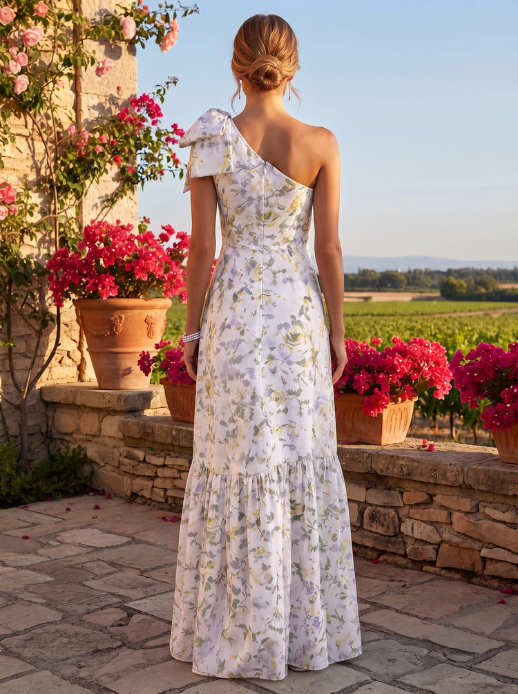Chiffon A-Line One Shoulder Floral Print Formal Dresses with Bow