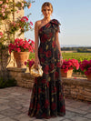 Chiffon A-Line One Shoulder Floral Print Formal Dresses with Bow