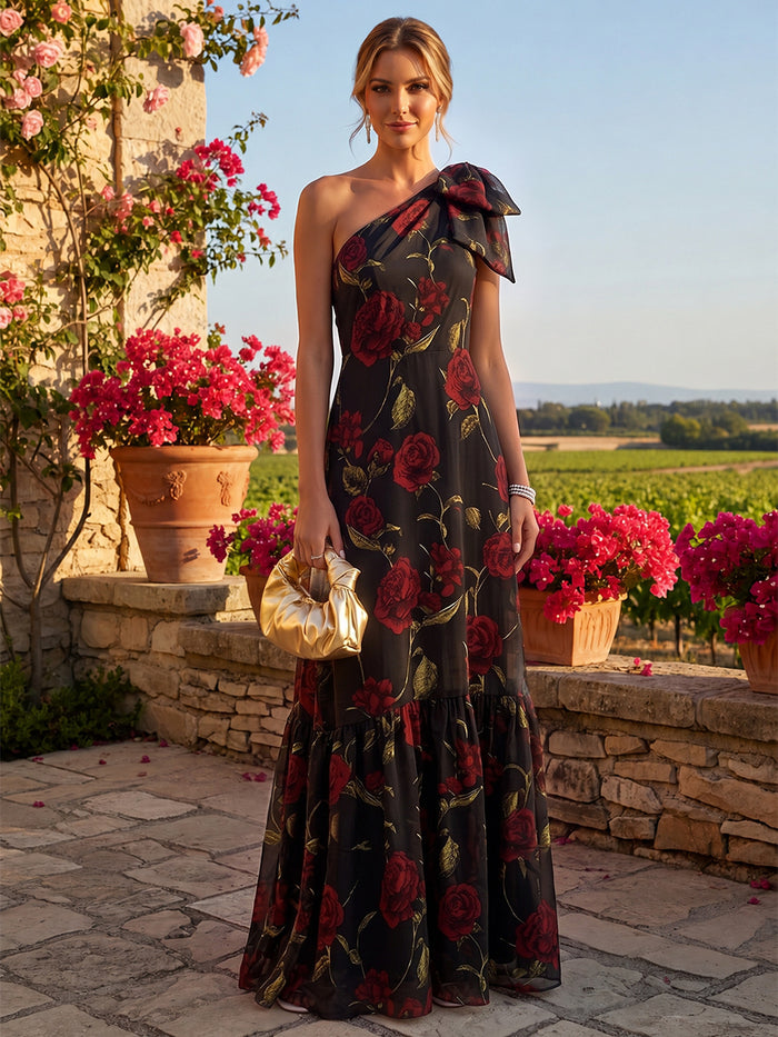 Chiffon A-Line One Shoulder Floral Print Formal Dresses with Bow