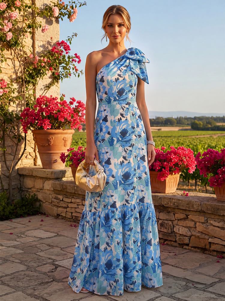 Chiffon A-Line One Shoulder Floral Print Formal Dresses with Bow
