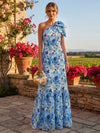 Chiffon A-Line One Shoulder Floral Print Formal Dresses with Bow