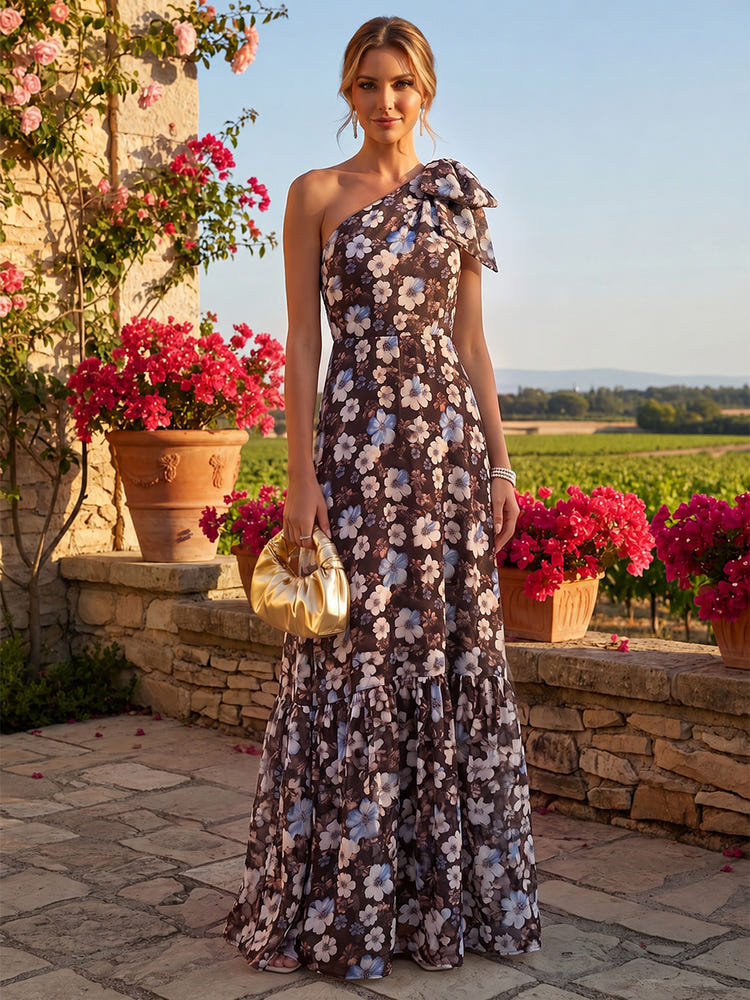 Chiffon A-Line One Shoulder Floral Print Formal Dresses with Bow