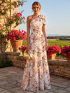 Chiffon A-Line One Shoulder Floral Print Formal Dresses with Bow