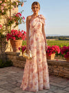 Chiffon A-Line One Shoulder Floral Print Formal Dresses with Bow