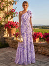 Chiffon A-Line One Shoulder Floral Print Formal Dresses with Bow