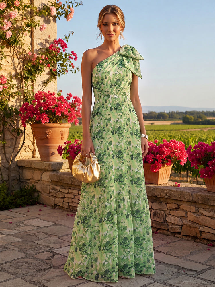 Chiffon A-Line One Shoulder Floral Print Formal Dresses with Bow