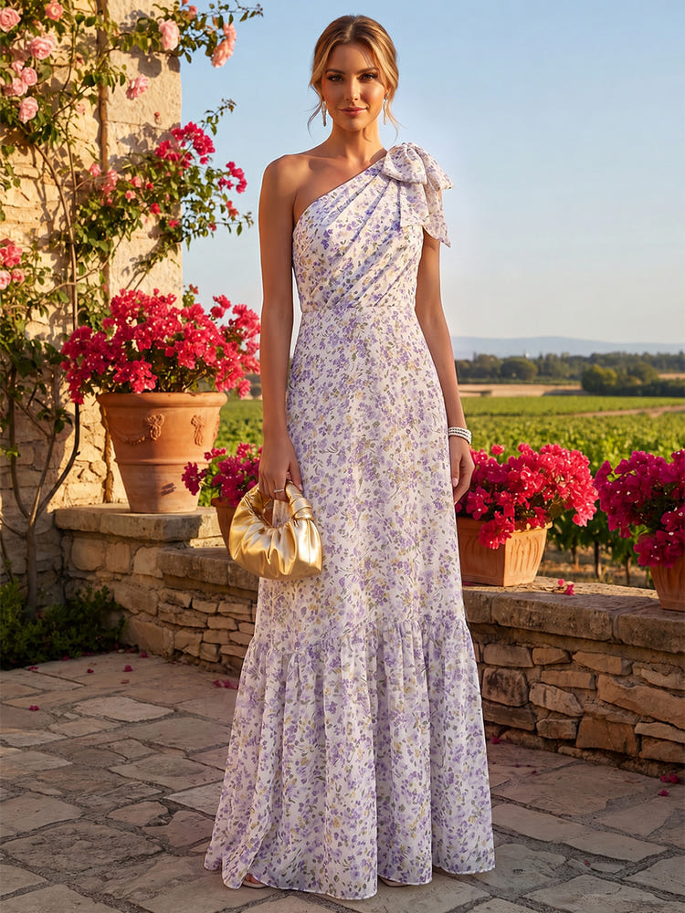Chiffon A-Line One Shoulder Floral Print Formal Dresses with Bow