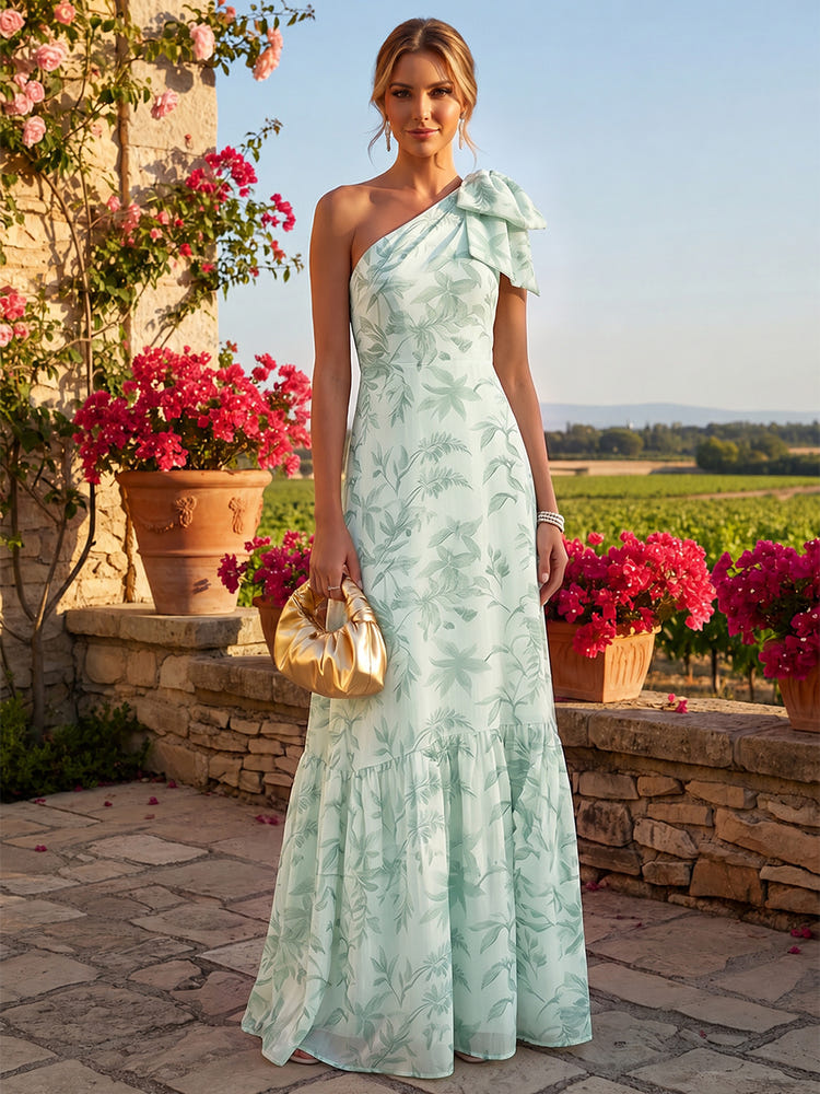 Chiffon A-Line One Shoulder Floral Print Formal Dresses with Bow