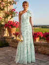 Chiffon A-Line One Shoulder Floral Print Formal Dresses with Bow