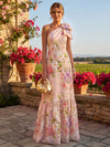 Chiffon A-Line One Shoulder Floral Print Formal Dresses with Bow