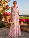 Chiffon A-Line One Shoulder Floral Print Formal Dresses with Bow