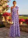 Chiffon A-Line One Shoulder Floral Print Formal Dresses with Bow