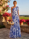 Chiffon A-Line One Shoulder Floral Print Formal Dresses with Bow