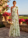 Chiffon A-Line One Shoulder Floral Print Formal Dresses with Bow