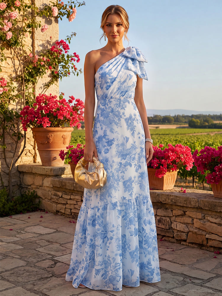 Chiffon A-Line One Shoulder Floral Print Formal Dresses with Bow