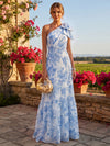 Chiffon A-Line One Shoulder Floral Print Formal Dresses with Bow