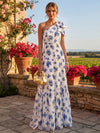 Chiffon A-Line One Shoulder Floral Print Formal Dresses with Bow