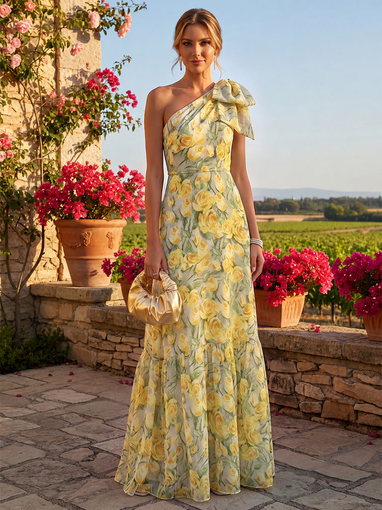 Chiffon A-Line One Shoulder Floral Print Formal Dresses with Bow