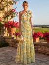 Chiffon A-Line One Shoulder Floral Print Formal Dresses with Bow