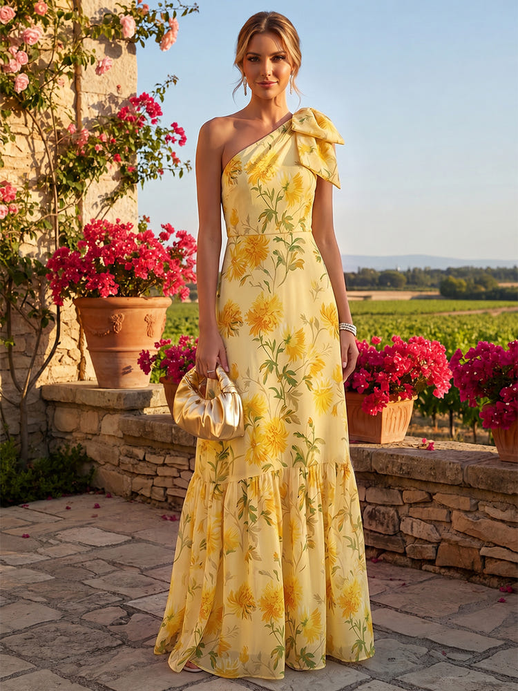 Chiffon A-Line One Shoulder Floral Print Formal Dresses with Bow