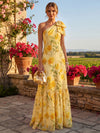 Chiffon A-Line One Shoulder Floral Print Formal Dresses with Bow