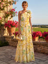 Chiffon A-Line One Shoulder Floral Print Formal Dresses with Bow