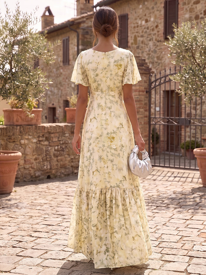 Chiffon A-Line V Neck Formal Dresses with Floral Print