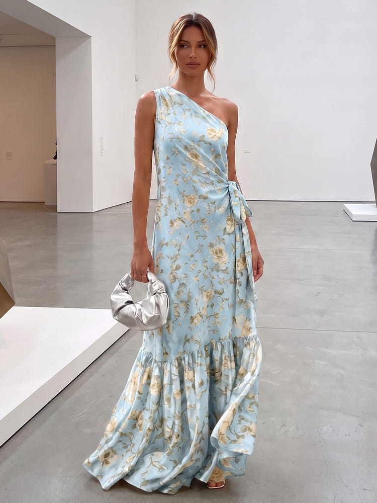 Chiffon A-Line One Shoulder Formal Dresses with Floral Print