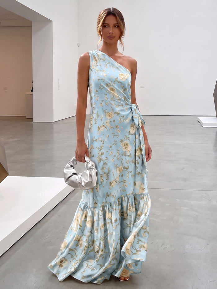 Chiffon A-Line One Shoulder Formal Dresses with Floral Print