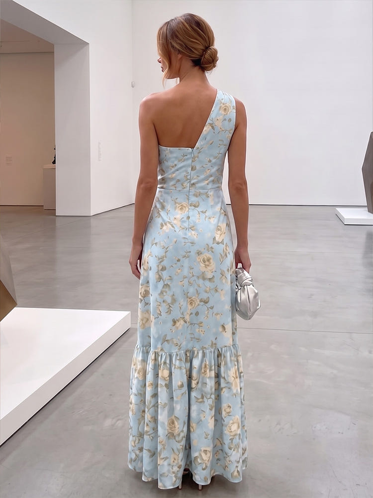 Chiffon A-Line One Shoulder Formal Dresses with Floral Print
