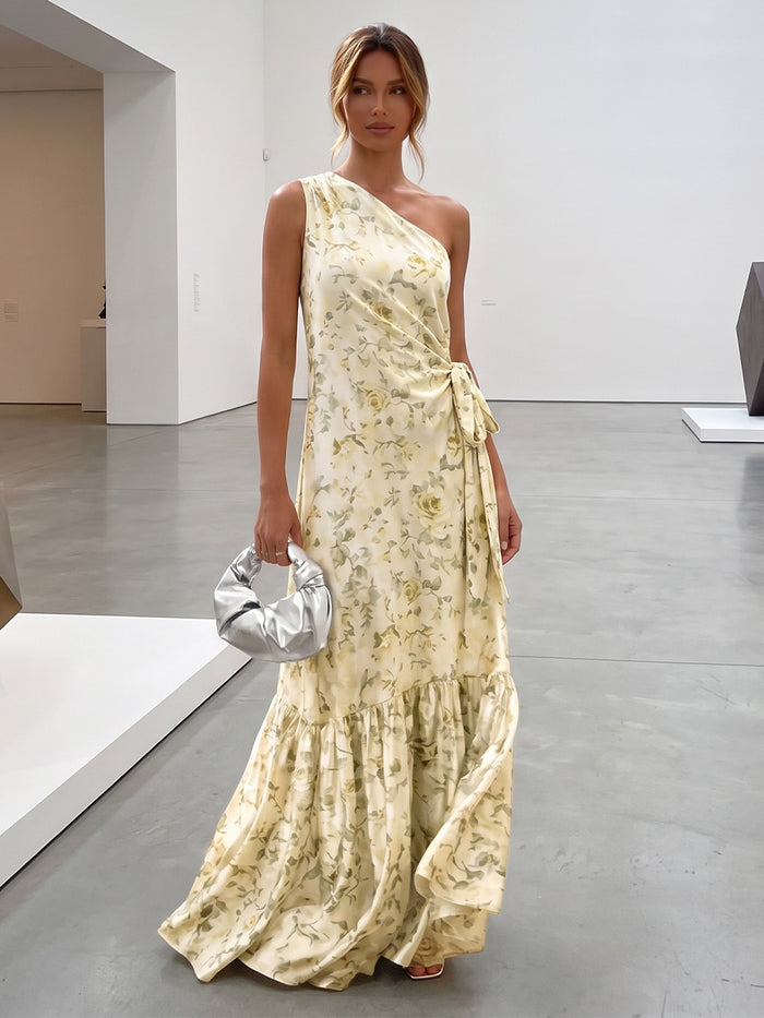 Chiffon A-Line One Shoulder Formal Dresses with Floral Print