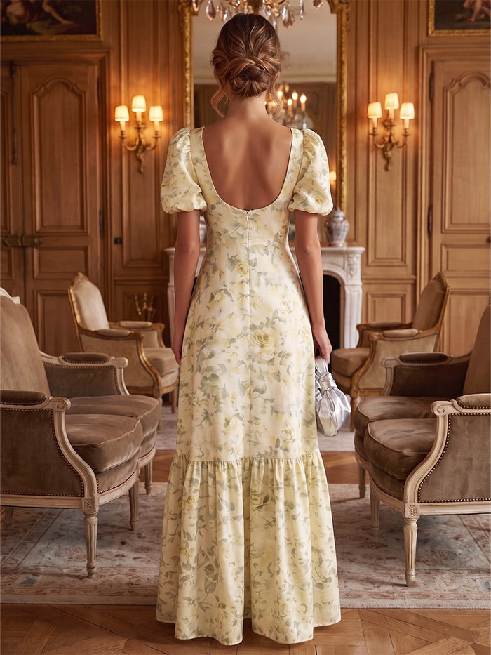 Chiffon A-Line Square Neck Formal Dresses with Floral Print